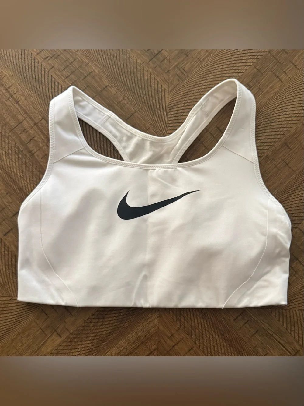Nike White Racerback Sports Bra with Black Swoosh - size Large - Picture 12 of 13